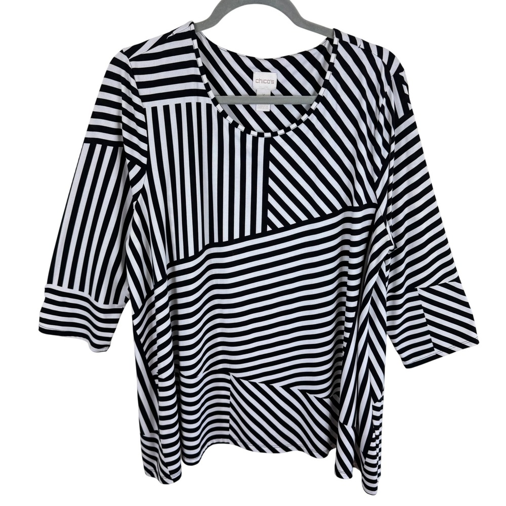 Chicos Women Black White Geometric Stripe 3/4 Sleeve Scoop Neck Top Size 2 Large